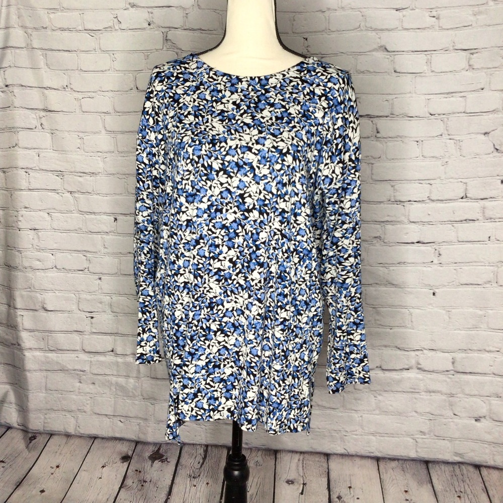 J Jill Blue Floral Simply Supima Crewneck Tunic Top Medium